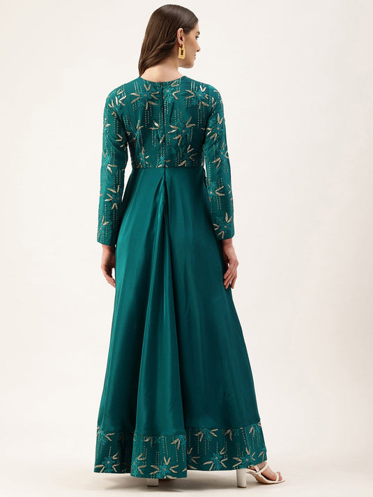 Floral Embroidered Sequinned Keyhole Neck Crepe Maxi Dress