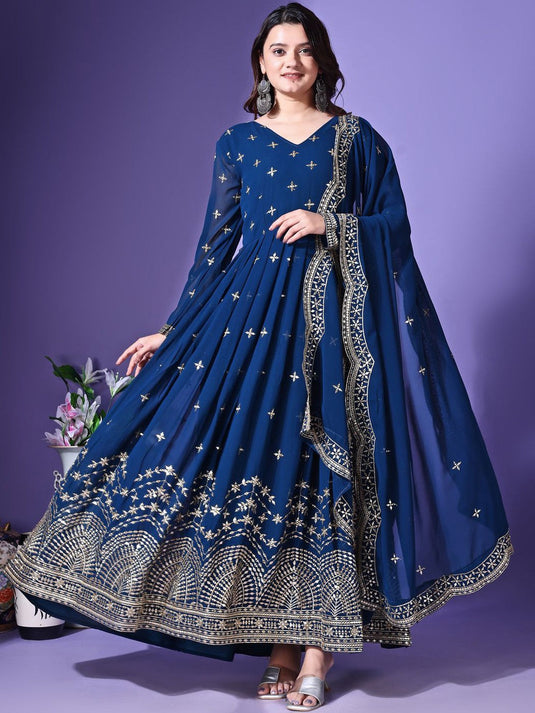 Embroidered Fit & Flared Ethnic Dress With Dupatta