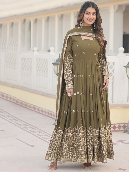 Embroidered Maxi Ethnic Dresses With Dupatta