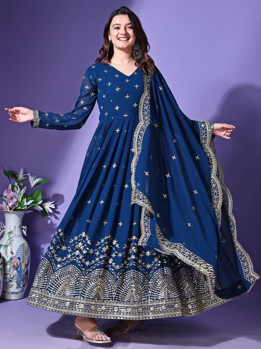 Embroidered Fit & Flared Ethnic Dress With Dupatta
