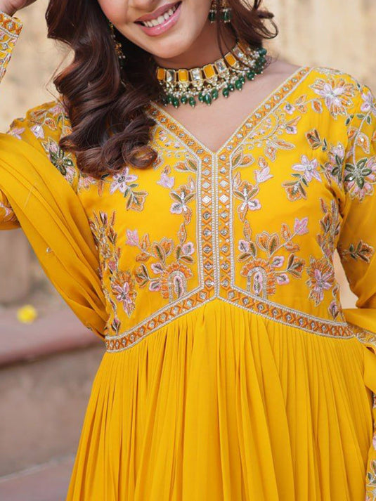 Embroidered Flared Maxi Dress With Dupatta