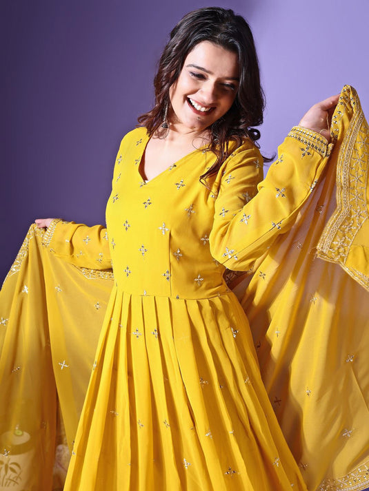 Floral Embroidered Sequined Georgette Maxi Fit and Flare Ethnic Dress With Dupatta