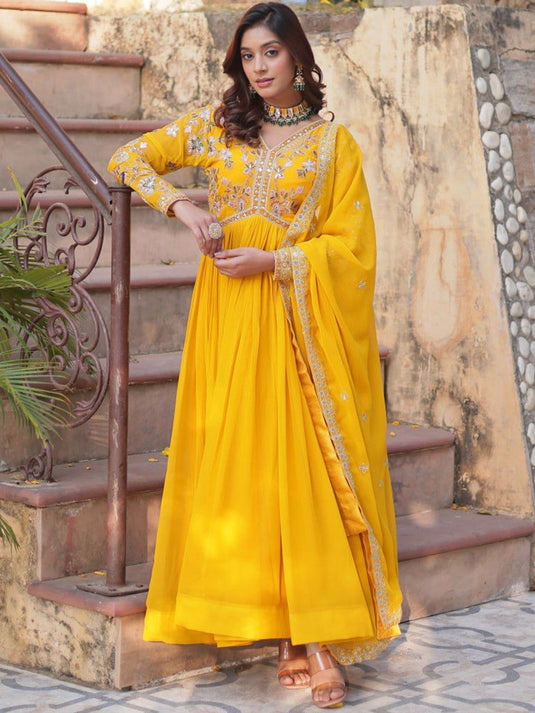 Embroidered Flared Maxi Dress With Dupatta