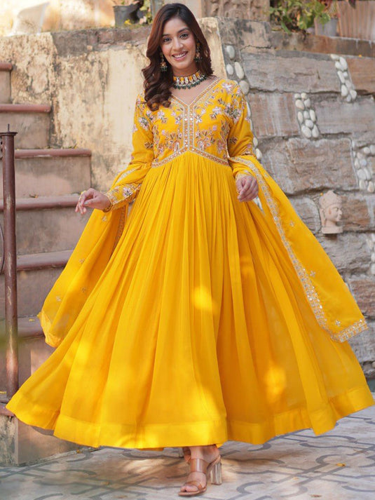 Embroidered Flared Maxi Dress With Dupatta