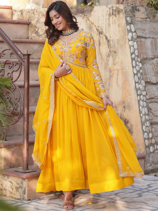 Embroidered Flared Maxi Dress With Dupatta