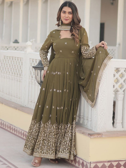 Embroidered Maxi Ethnic Dresses With Dupatta