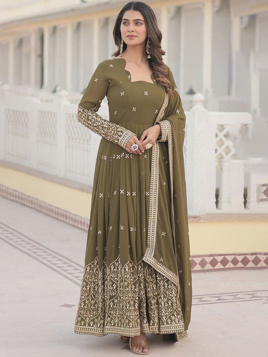 Embroidered Maxi Ethnic Dresses With Dupatta