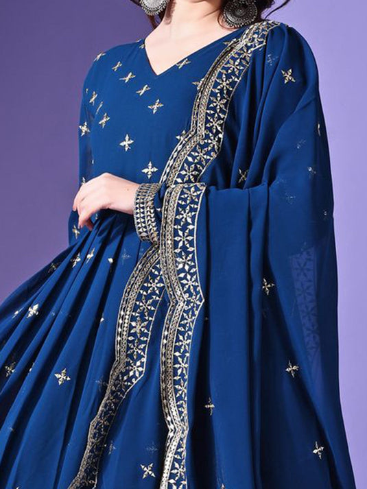 Embroidered Fit & Flared Ethnic Dress With Dupatta