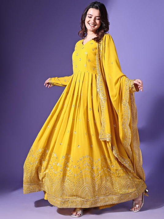 Floral Embroidered Sequined Georgette Maxi Fit and Flare Ethnic Dress With Dupatta