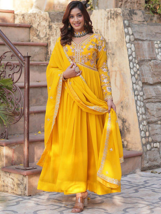 Embroidered Flared Maxi Dress With Dupatta